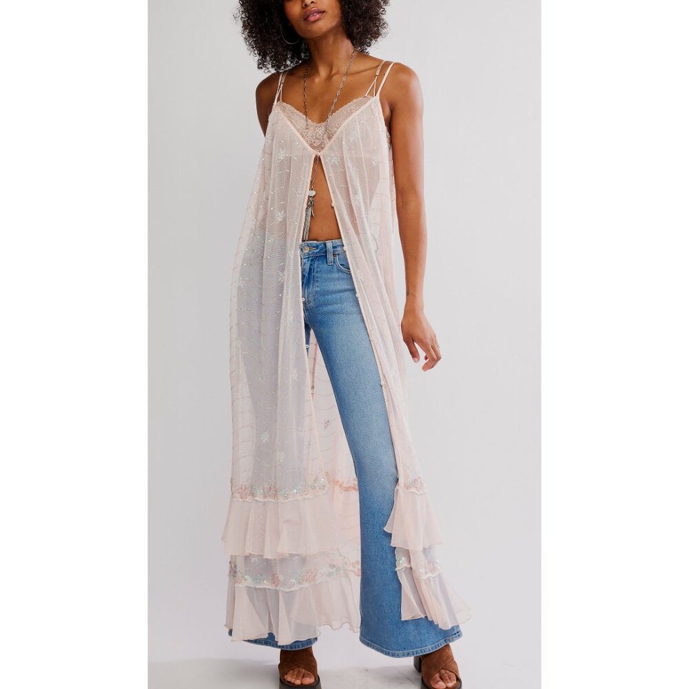 Free People Sheer Blush Pink Embroidered Long Chemise - Picture 4 of 6